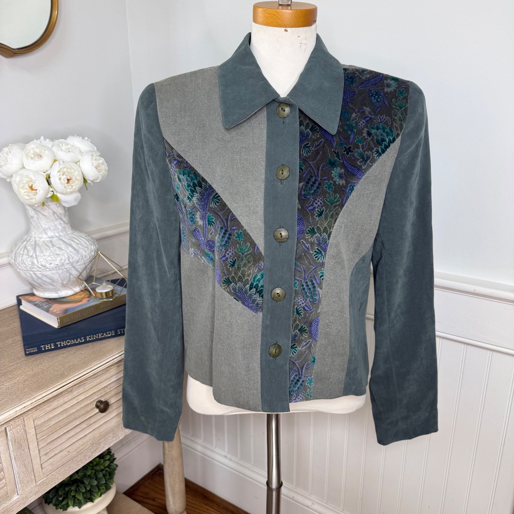 Doncaster Vintage Mixed Media Jacket Grey Teal Floral Velvet Chevron Size 6A